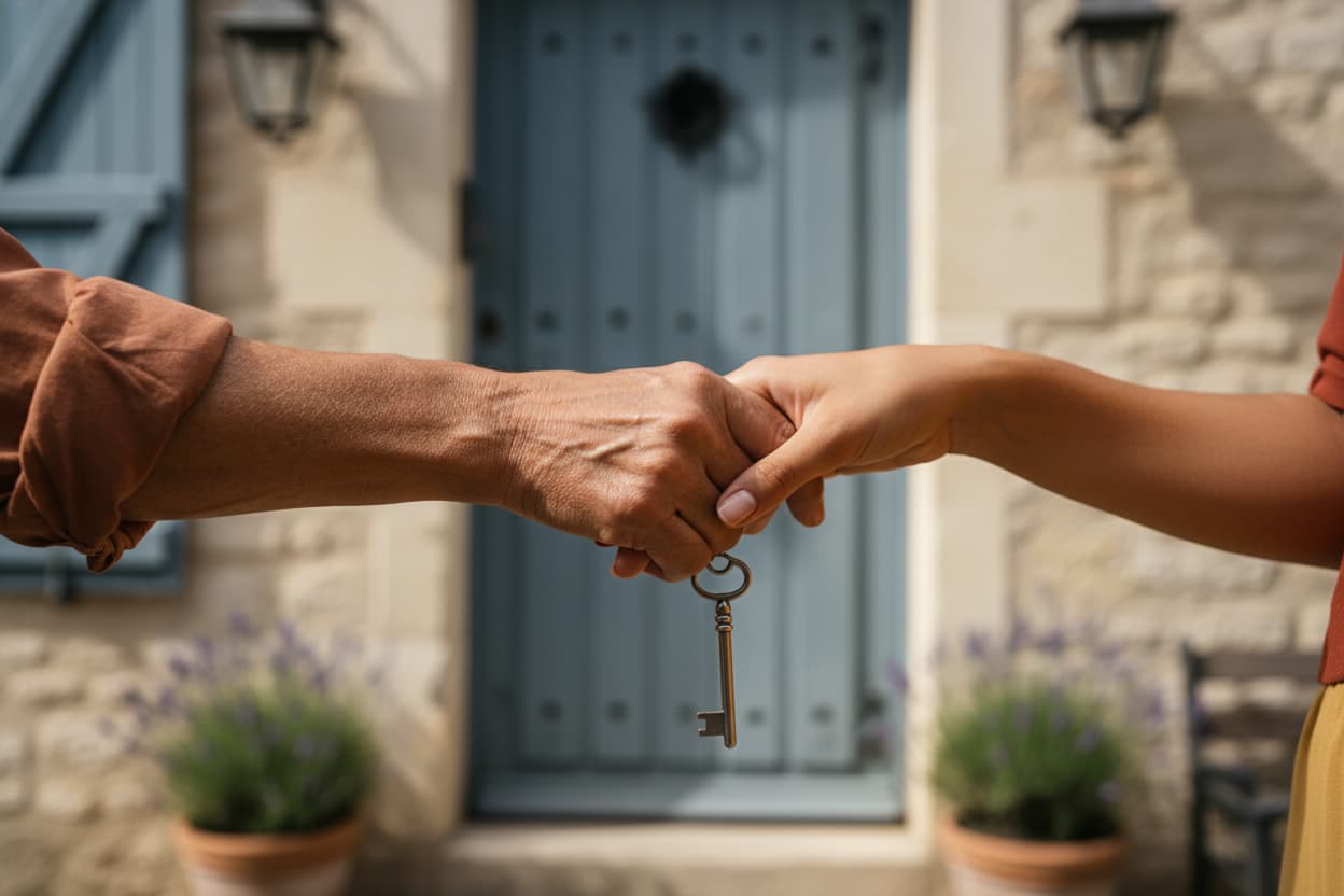 Poignée de main symbolisant la confiance entre hôte et voyageur