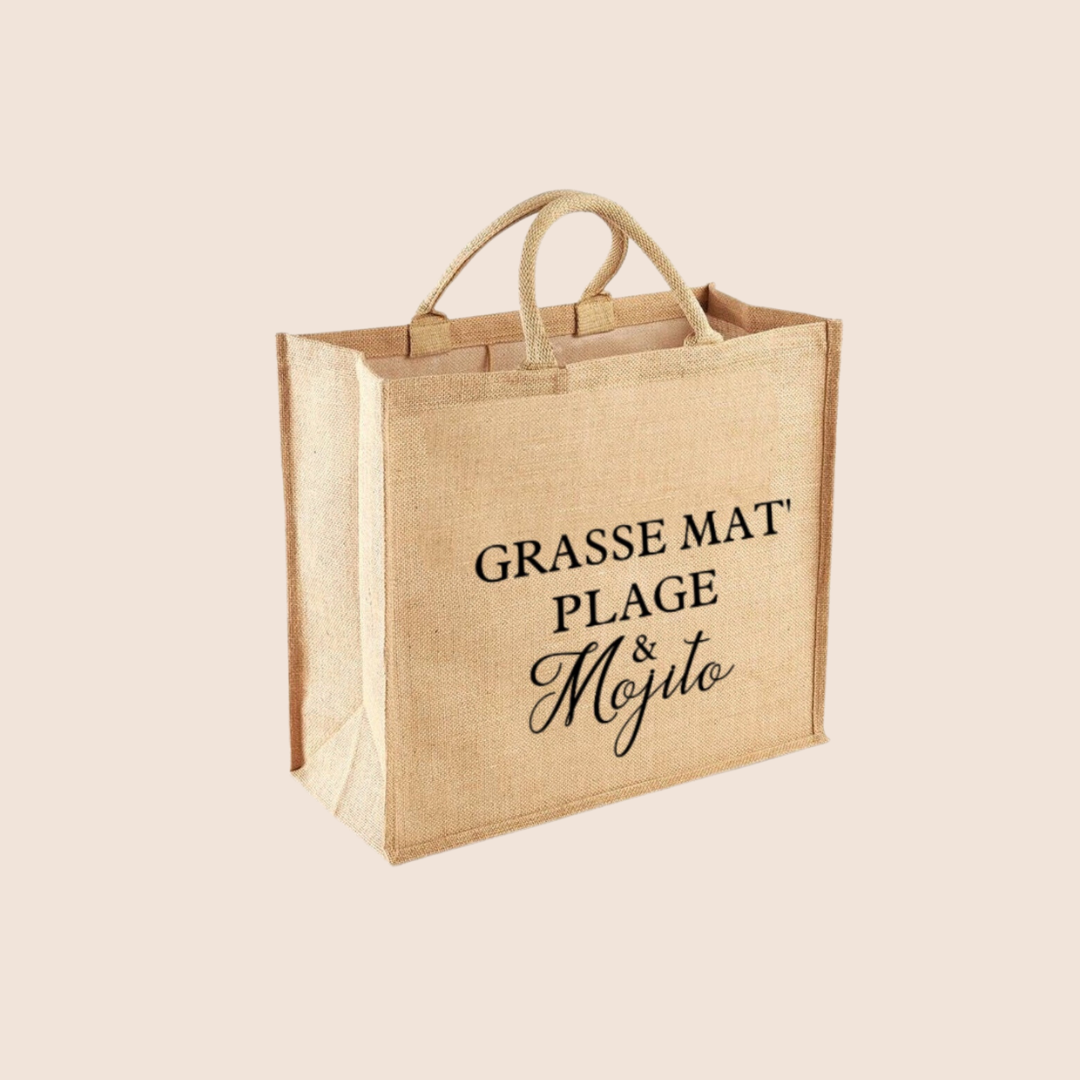 "Grasse mat' plage & mojito" - Sac en toile de jute