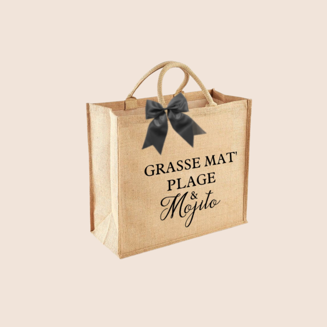 "Grasse mat' plage & mojito" - Sac en toile de jute