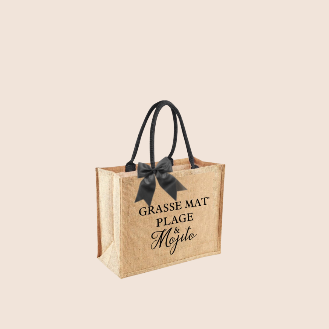 "Grasse mat' plage & mojito" - Sac en toile de jute