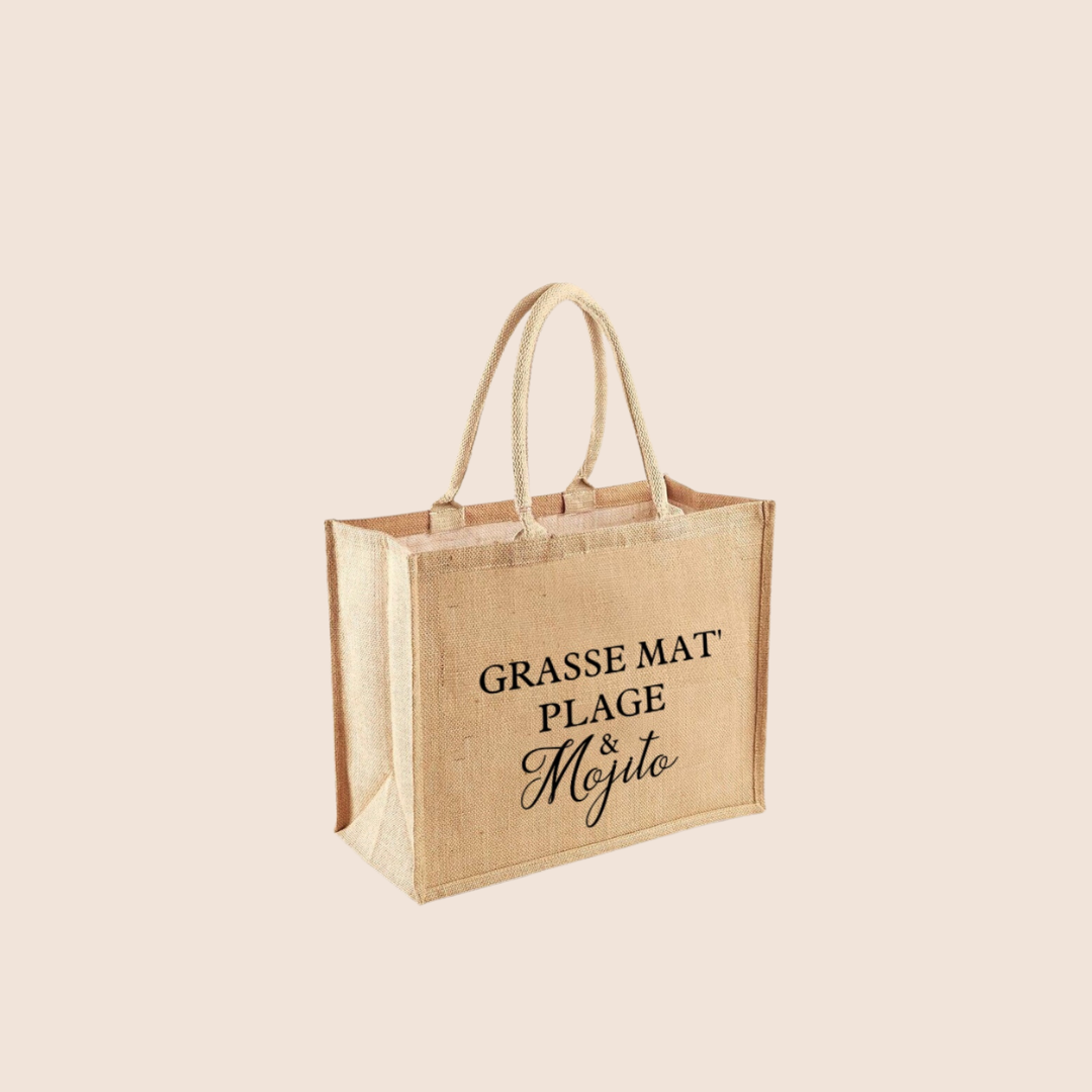 "Grasse mat' plage & mojito" - Sac en toile de jute