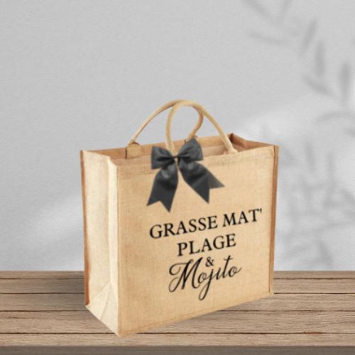 "Grasse mat' plage & mojito" - Sac en toile de jute