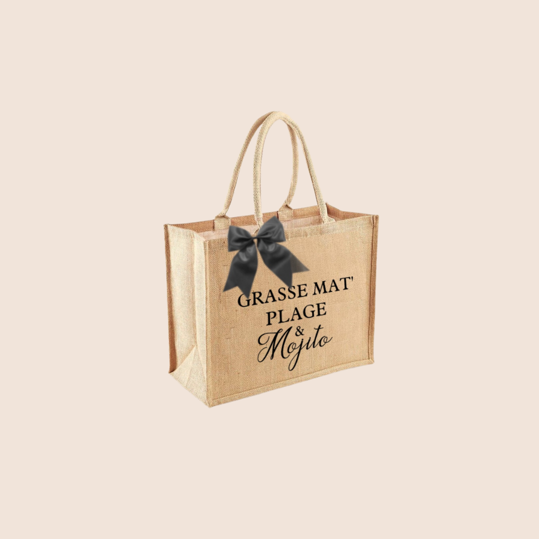 "Grasse mat' plage & mojito" - Sac en toile de jute