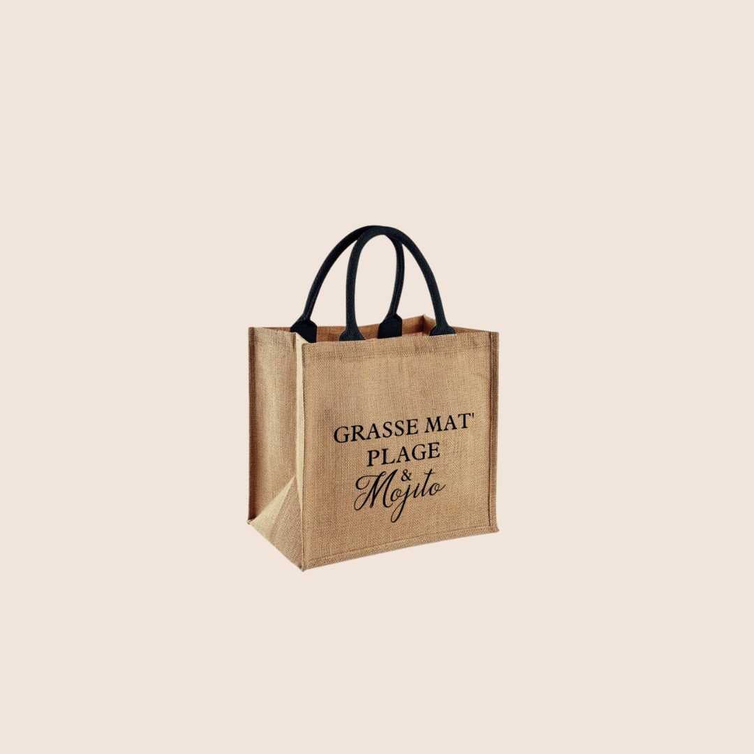 "Grasse mat' plage & mojito" - Sac en toile de jute