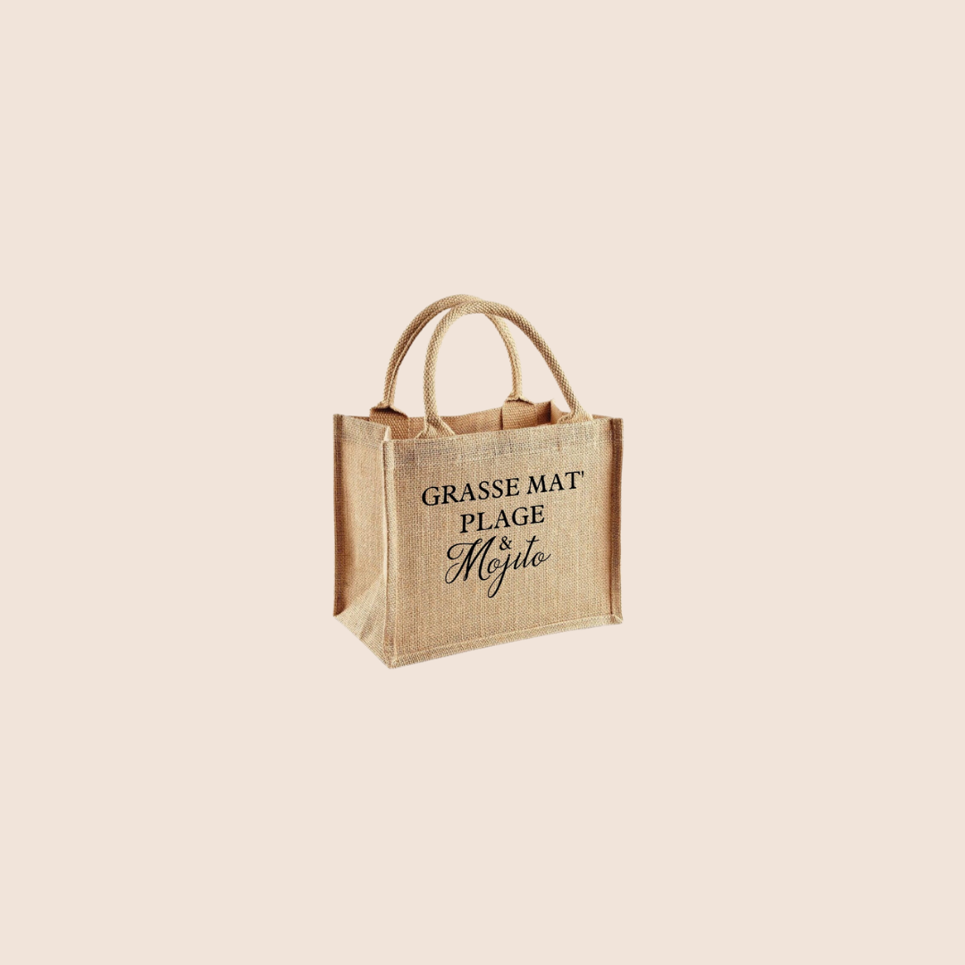 "Grasse mat' plage & mojito" - Sac en toile de jute