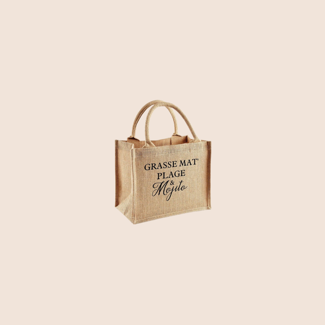 "Grasse mat' plage & mojito" - Sac en toile de jute